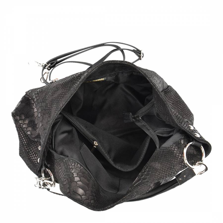 Black Leather Textured Hobo Bag - BrandAlley