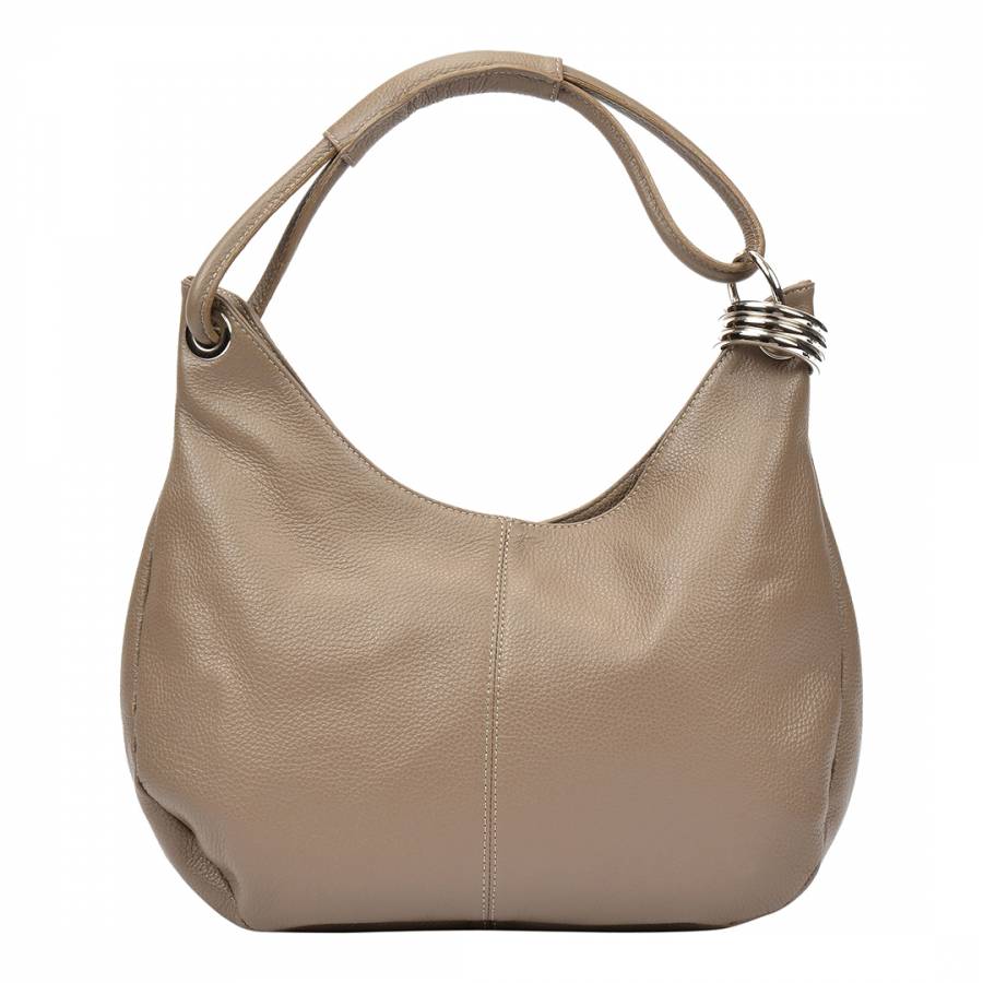 Taupe Leather Silver Ringed Hobo Bag - BrandAlley