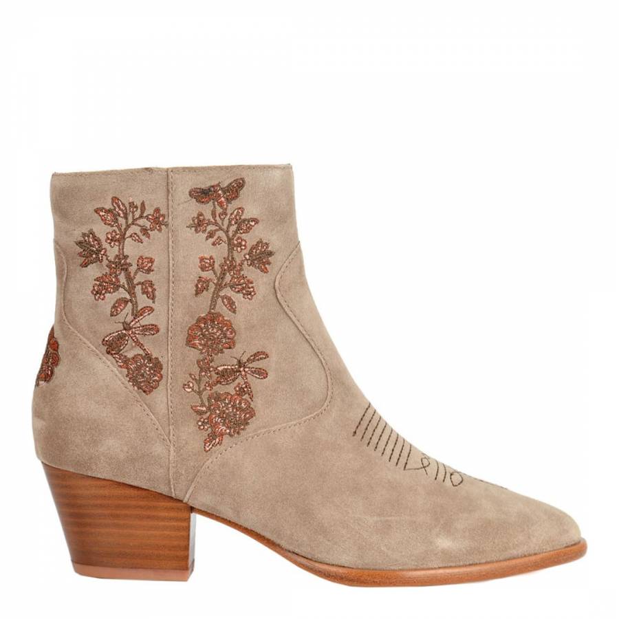 Beige Desert Suede Halo Embroidered Ankle Boots - BrandAlley