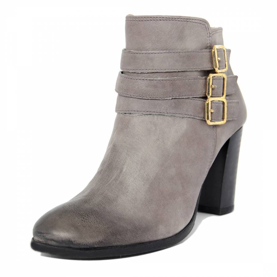 Womens Grey Leather Side Buckle Ankle Boots - BrandAlley