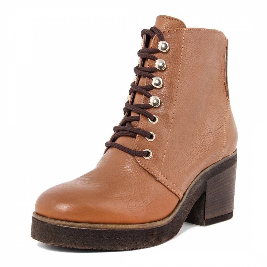 Light Brown Leather Lace Up High Heel Ankle Boots - BrandAlley