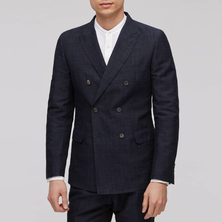 Mens Navy Linen Jacquard Cotton Linen Blend Tailored Blazer - BrandAlley
