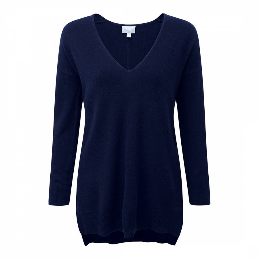 Navy Longline V Neck Cashmere and Wool Blend Tunic - BrandAlley