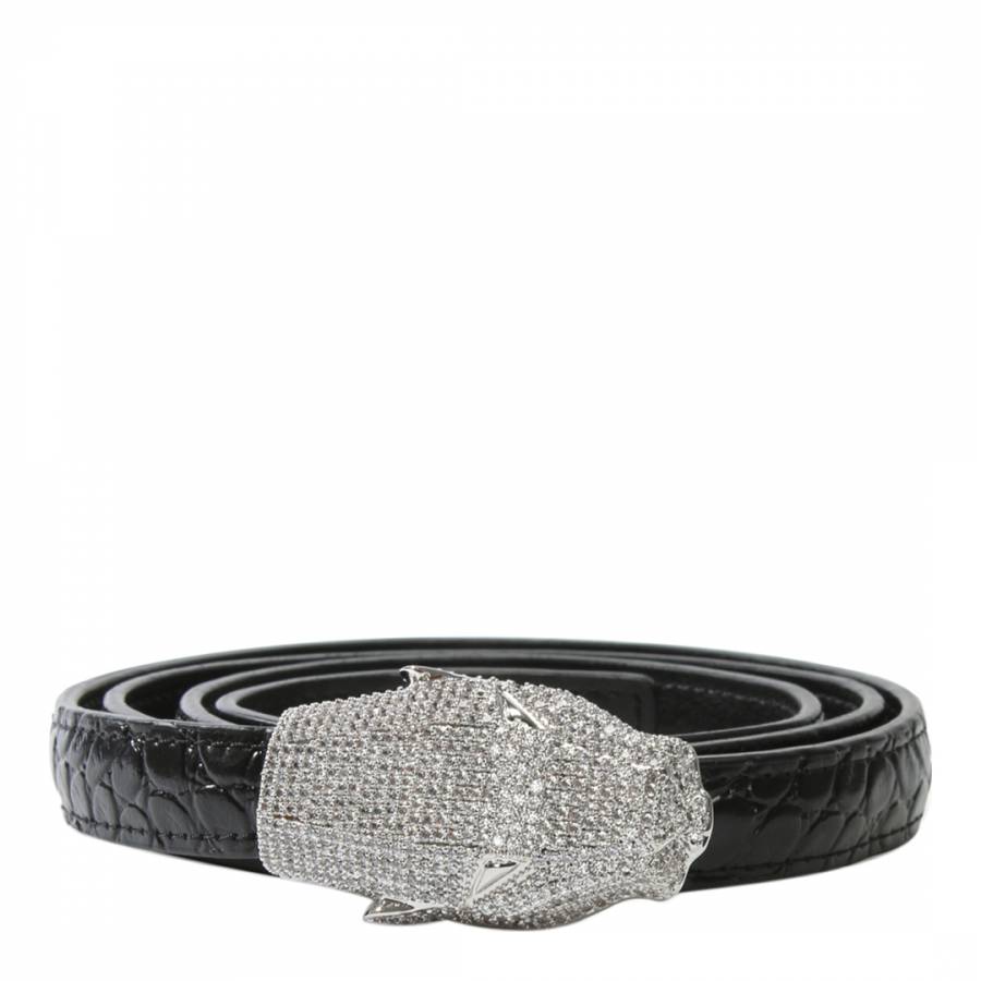 Women's Black/Silver Velvet Diamante Leather Panther Belt - BrandAlley