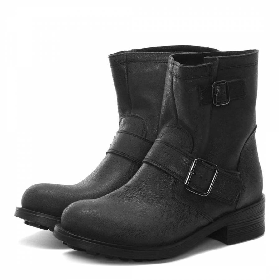 Grey Pebbled Leather Biker Boots - BrandAlley