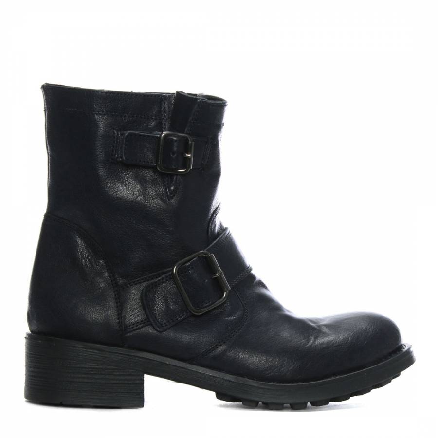 Navy Distressed Leather Biker Boots 