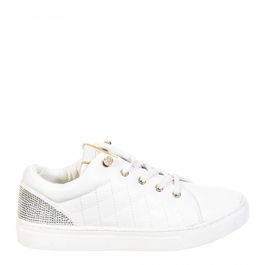 White Leather Quilted Diamante Trainers 