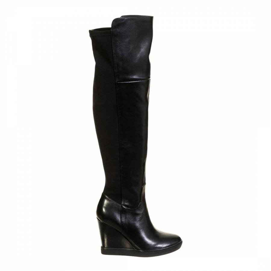 Black Leather Wedge Knee High Boots - BrandAlley