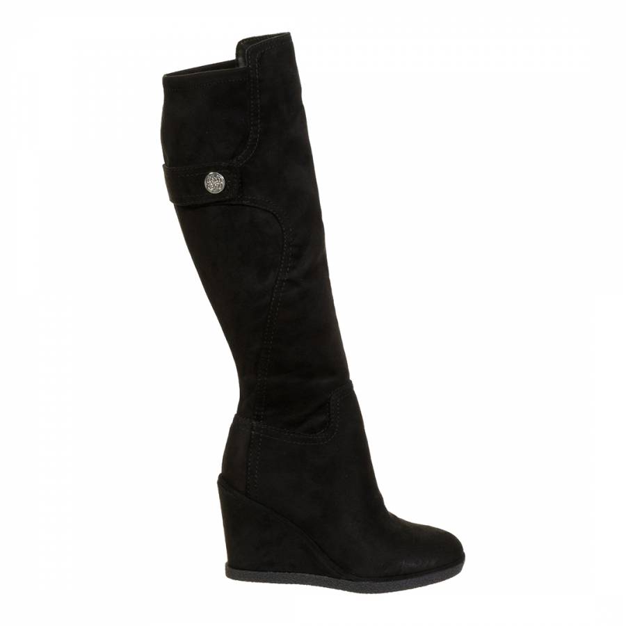 Black Suede Wedge Knee High Boots 
