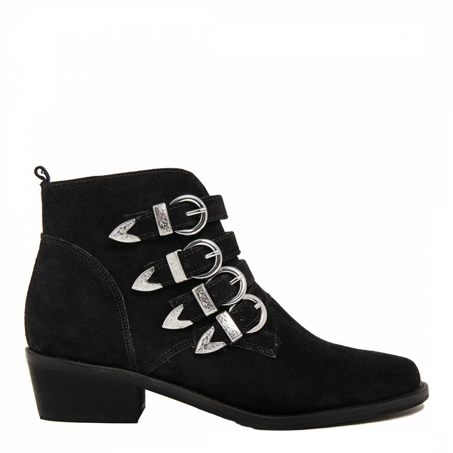 Black Suede Buckle Western Ankle Boots 