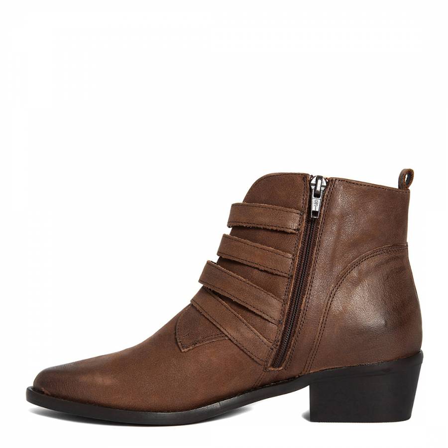 Brown Leather Buckle Western Ankle Boots - BrandAlley