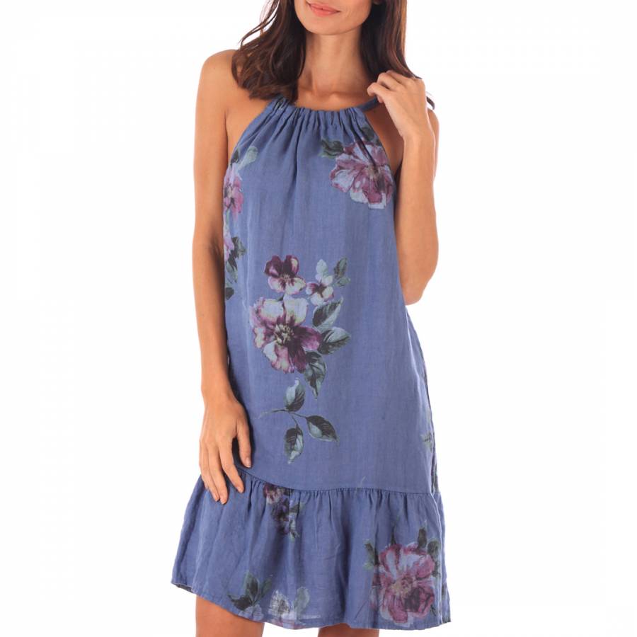 Indigo Linen Floral Print Midi Dress - BrandAlley