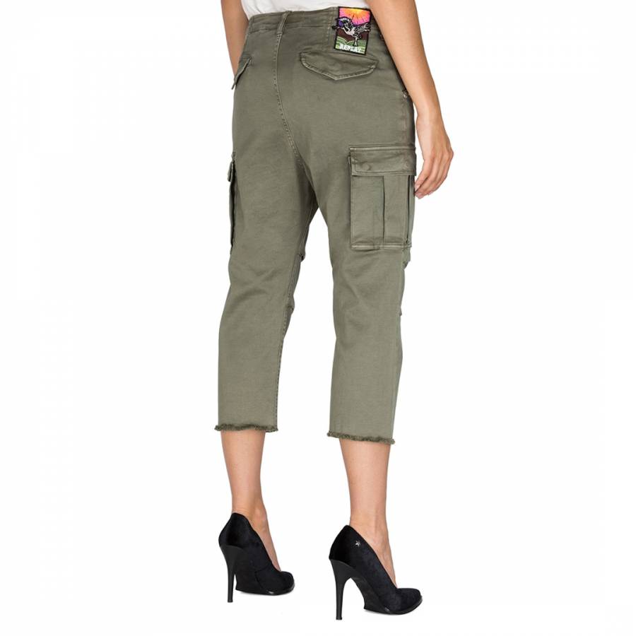 Sage Green Twill Cropped Cargo Trousers - BrandAlley