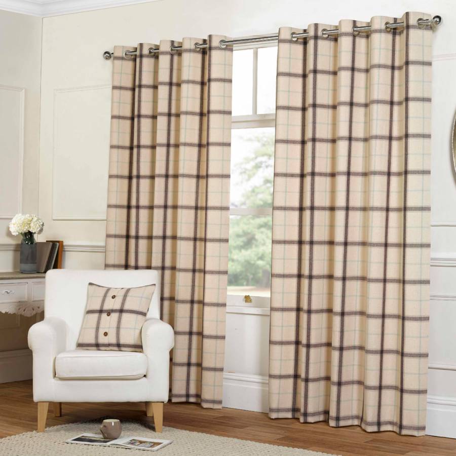 Natural Plaid Check Eyelet Curtains 46X90inch - BrandAlley