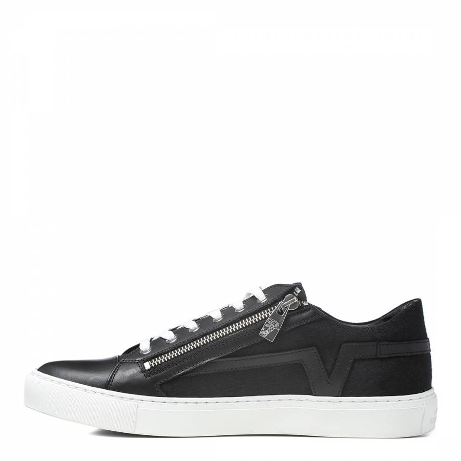 Black Leather & Canvas Side Zip Sneakers - BrandAlley