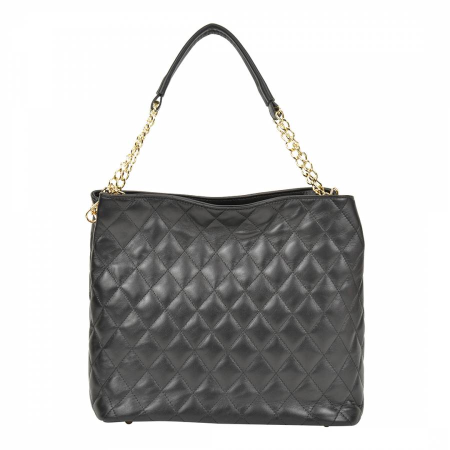 Black Leather Quilted Top Handle Bag with Chain - BrandAlley