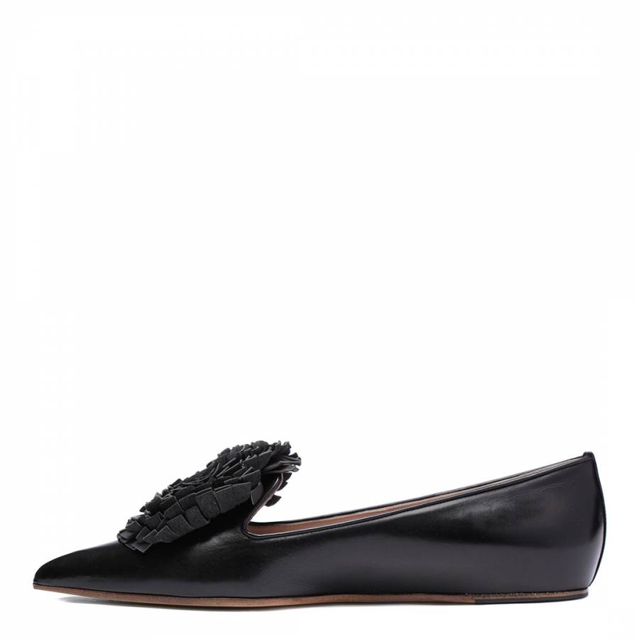 Black Leather Flower Detail Ballerina Shoes - BrandAlley