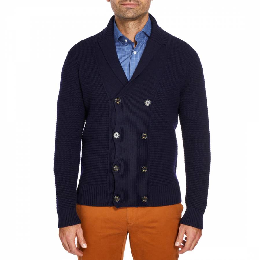 Navy Double Breasted Textured Wool Cardigan - BrandAlley