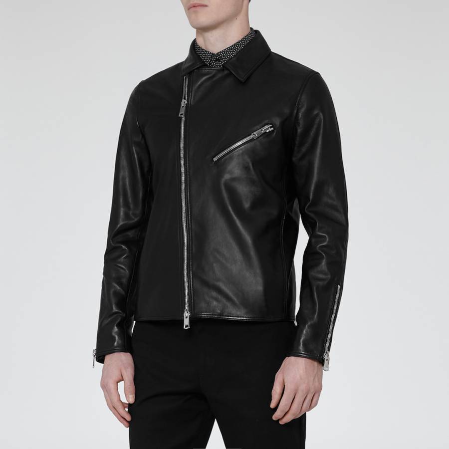 Black Faubourg Zip Leather Biker Jacket - BrandAlley