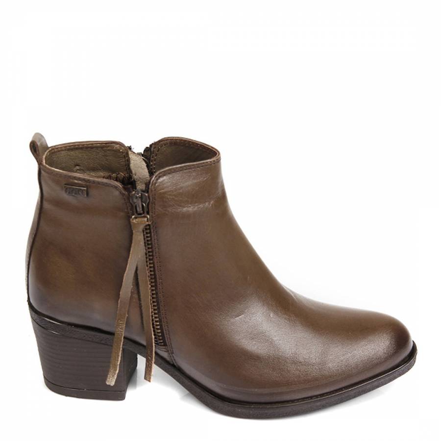 Khaki Leather Two Zip Heeled Ankle Boots - BrandAlley