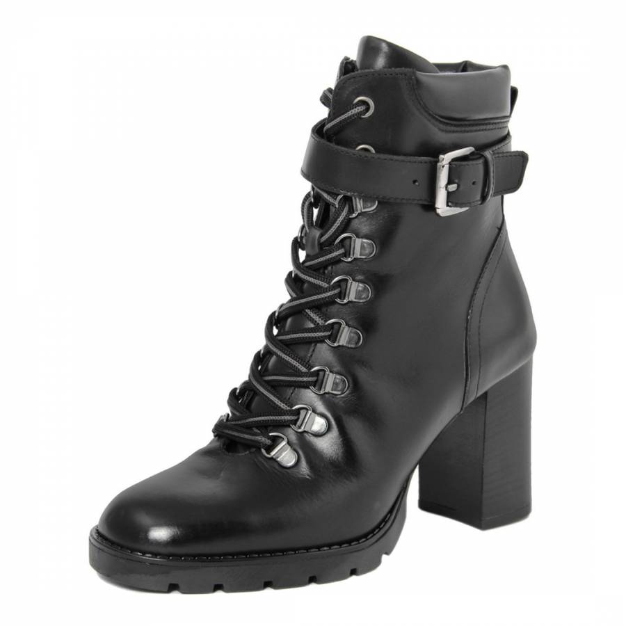 Black Leather Sheffield Lace Up Block Heel Boots - BrandAlley