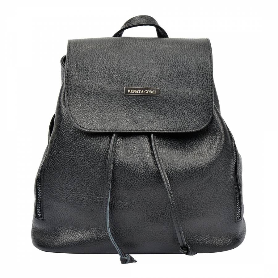 Black Leather Flap Over Backpack - BrandAlley