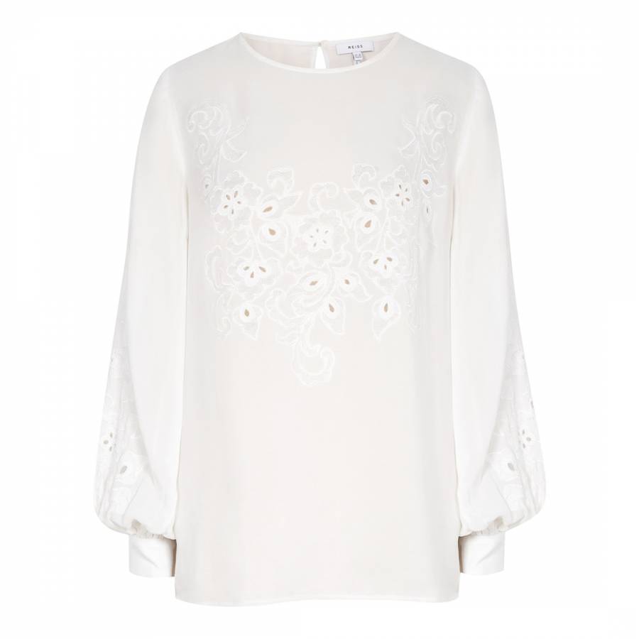 White Pansy Floral Embroidered Blouse - BrandAlley