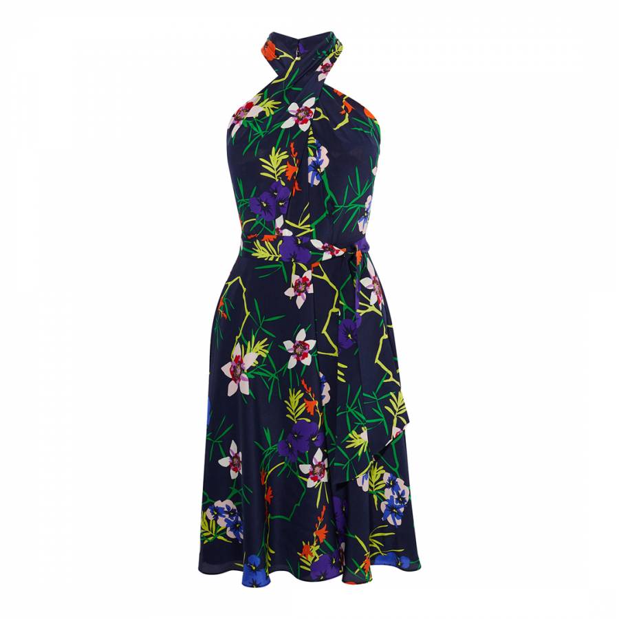 Navy Floral Silk Dress - BrandAlley
