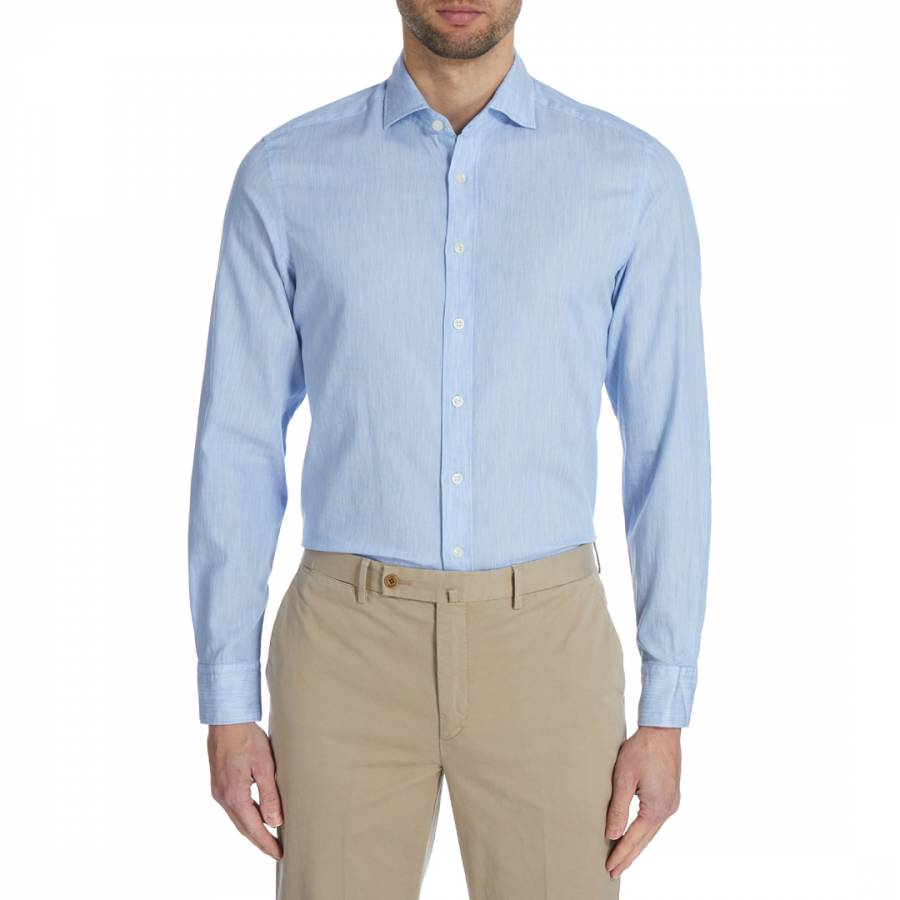 Light Blue Melange Slim Cotton Shirt - BrandAlley