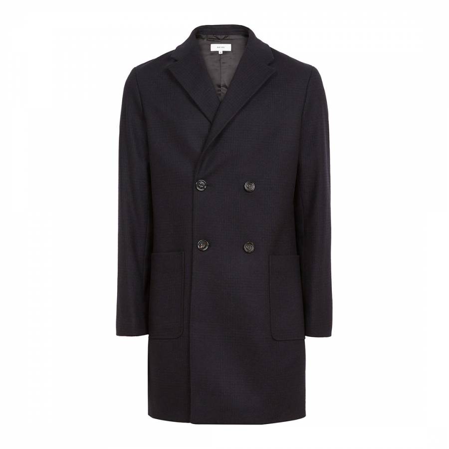Navy Brando Check Wool Blend Overcoat - BrandAlley