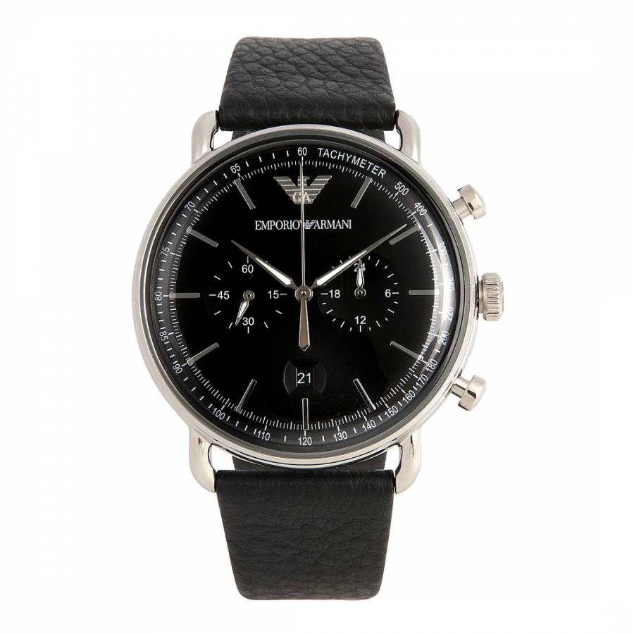 Men's Black / Silver Leather Watch 43mm - BrandAlley