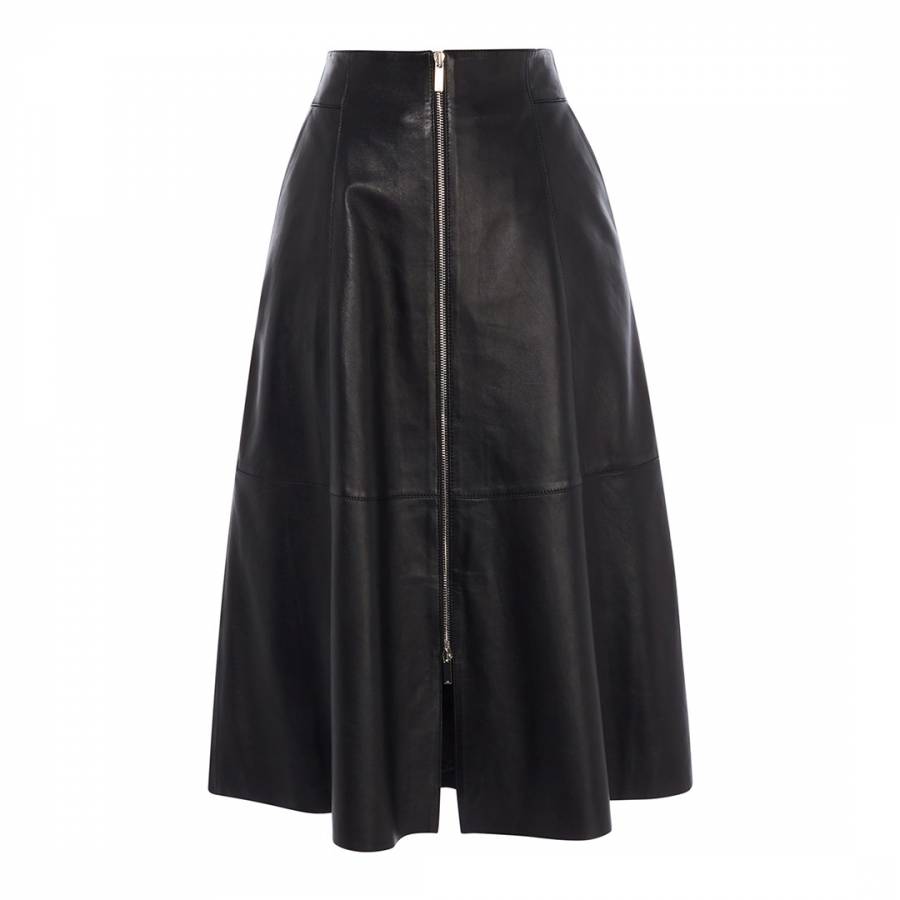 Black Midi Zip Leather Skirt - BrandAlley
