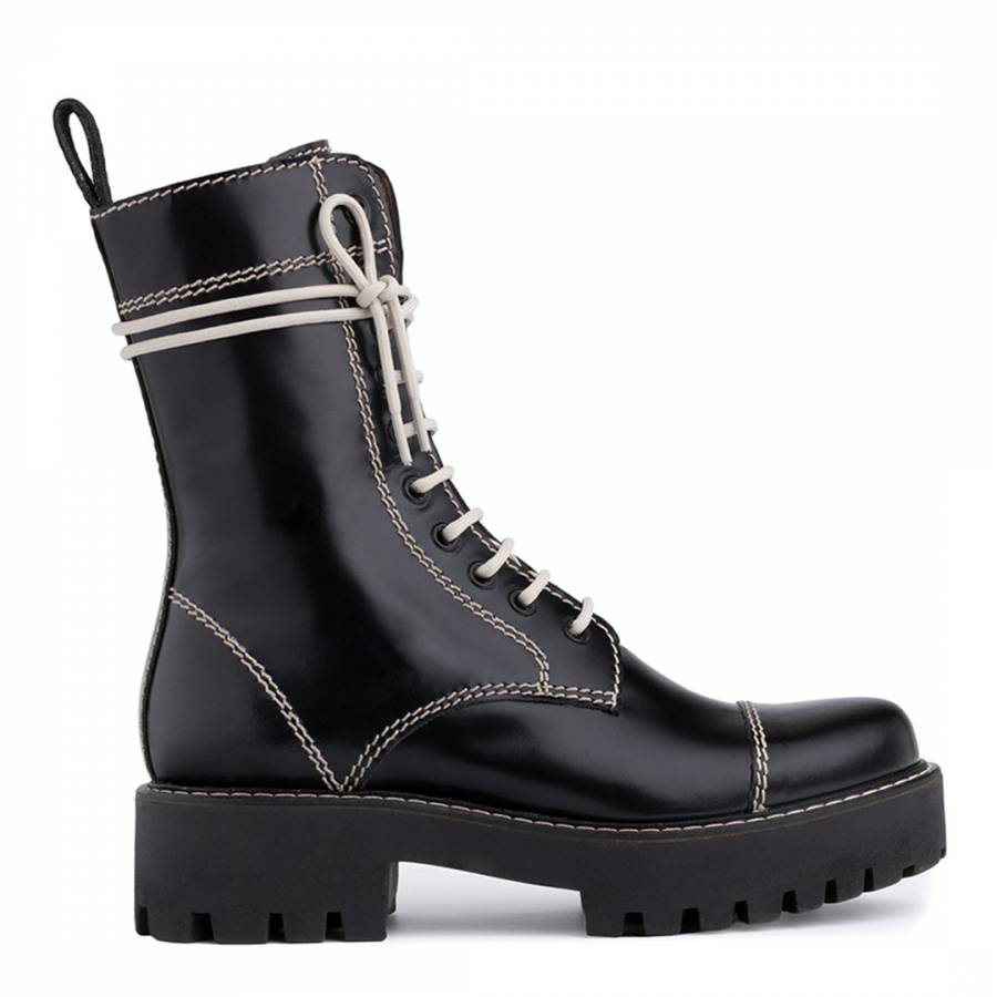 Black Heavy Tread Leather Flat Boot - BrandAlley