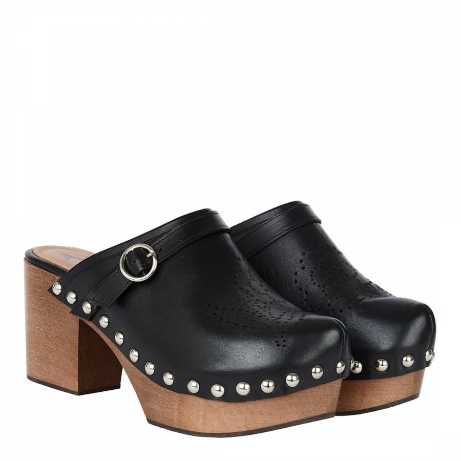 Black Perforated Flower Leather Clogs - BrandAlley