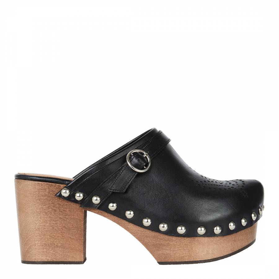 Black Perforated Flower Leather Clogs - BrandAlley