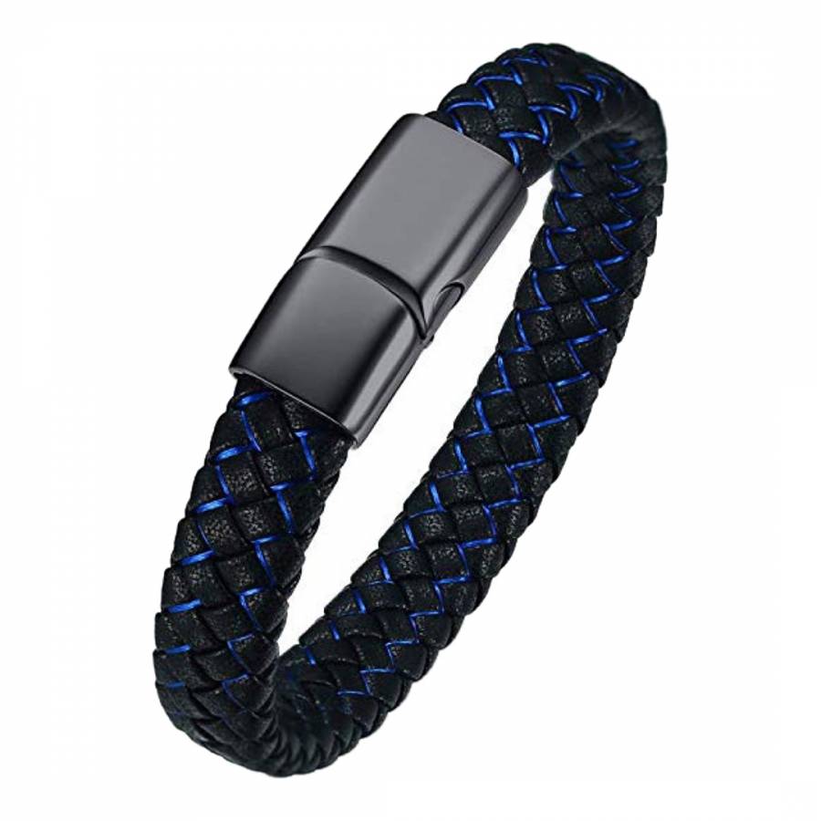 Black / Blue Leather Weave Bracelet - BrandAlley