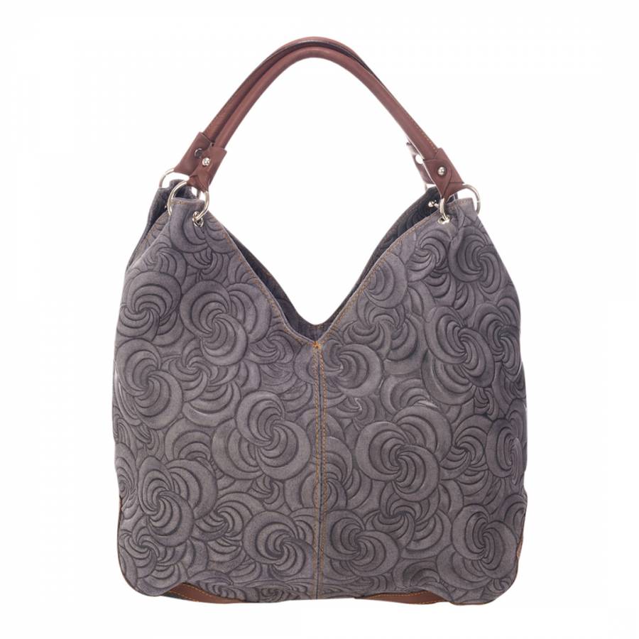 Grey / Brown Suede Pattern Shoulder Bag - BrandAlley