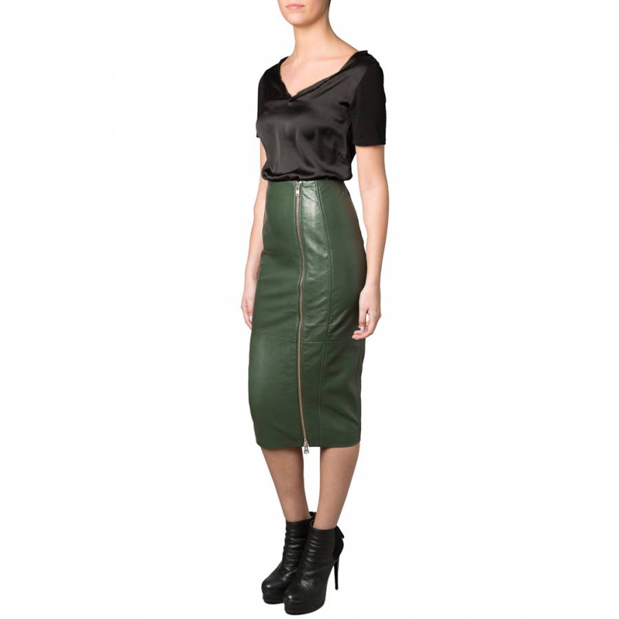 Green Jowlett Zip Leather Skirt - BrandAlley