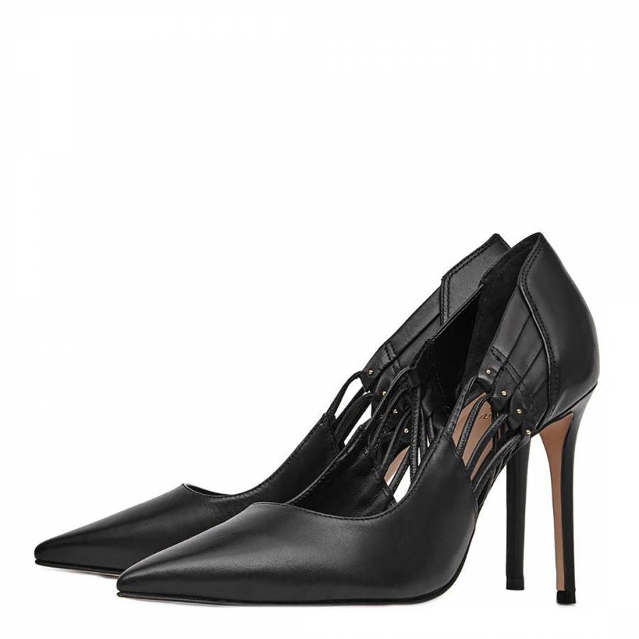 Black Leather Honor Multi Strap Detail Court Shoes - BrandAlley