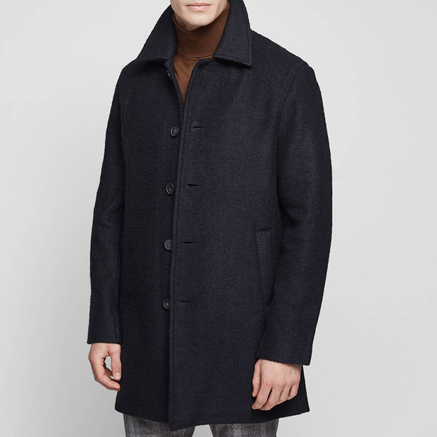 Navy Roscoe Wool/Cotton Overcoat - BrandAlley