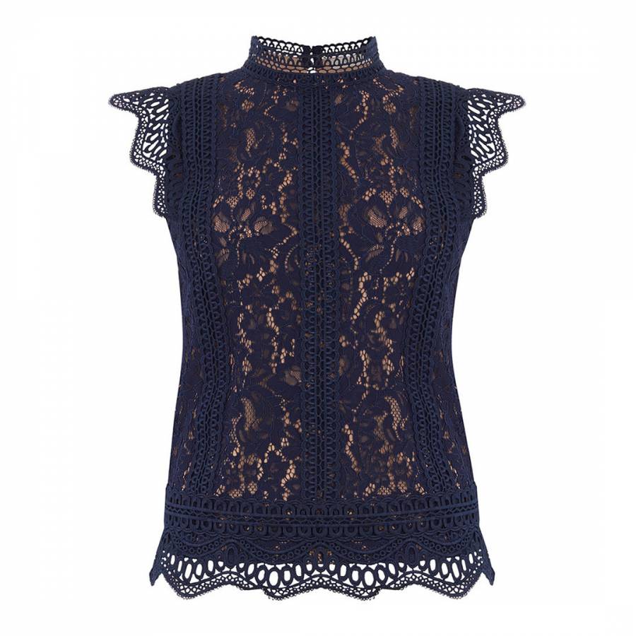 Navy Lace Top Flounce Top - BrandAlley