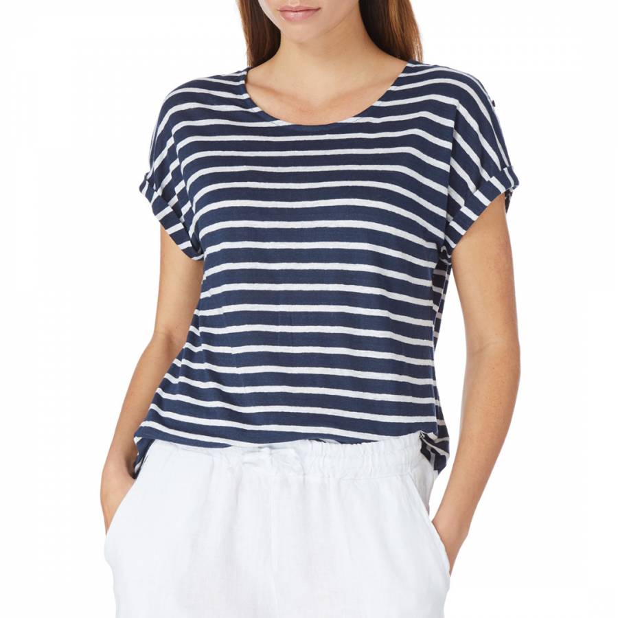 Navy / White Linen Stripe Roll Sleeve T Shirt - BrandAlley