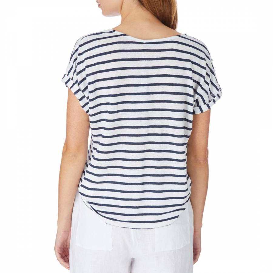 White / Navy Linen Stripe Roll Sleeve T Shirt - BrandAlley