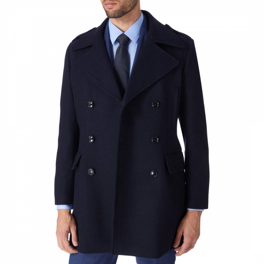 Navy Double Breasted Wool Blend Coat - BrandAlley