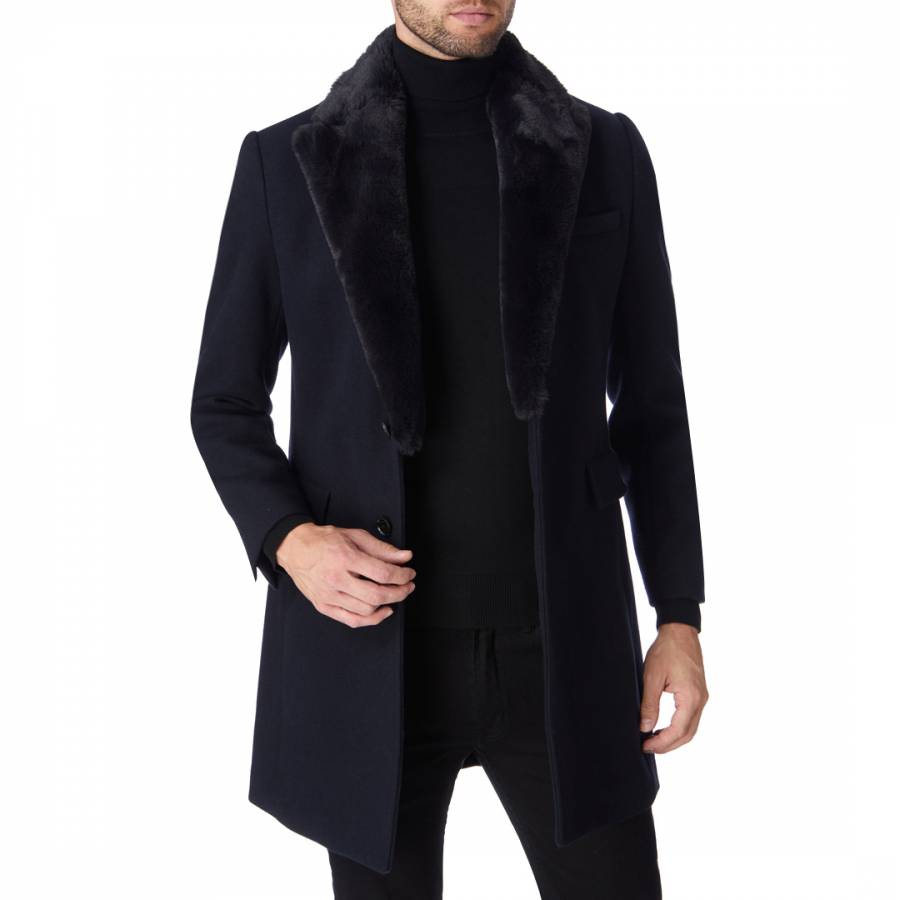 Navy Lenin Faux Fur Collared Wool Blend Coat - BrandAlley