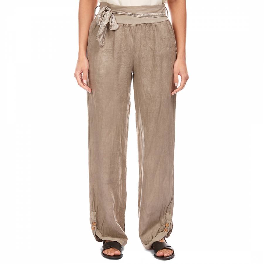 Taupe Button Wide Linen Trousers - BrandAlley