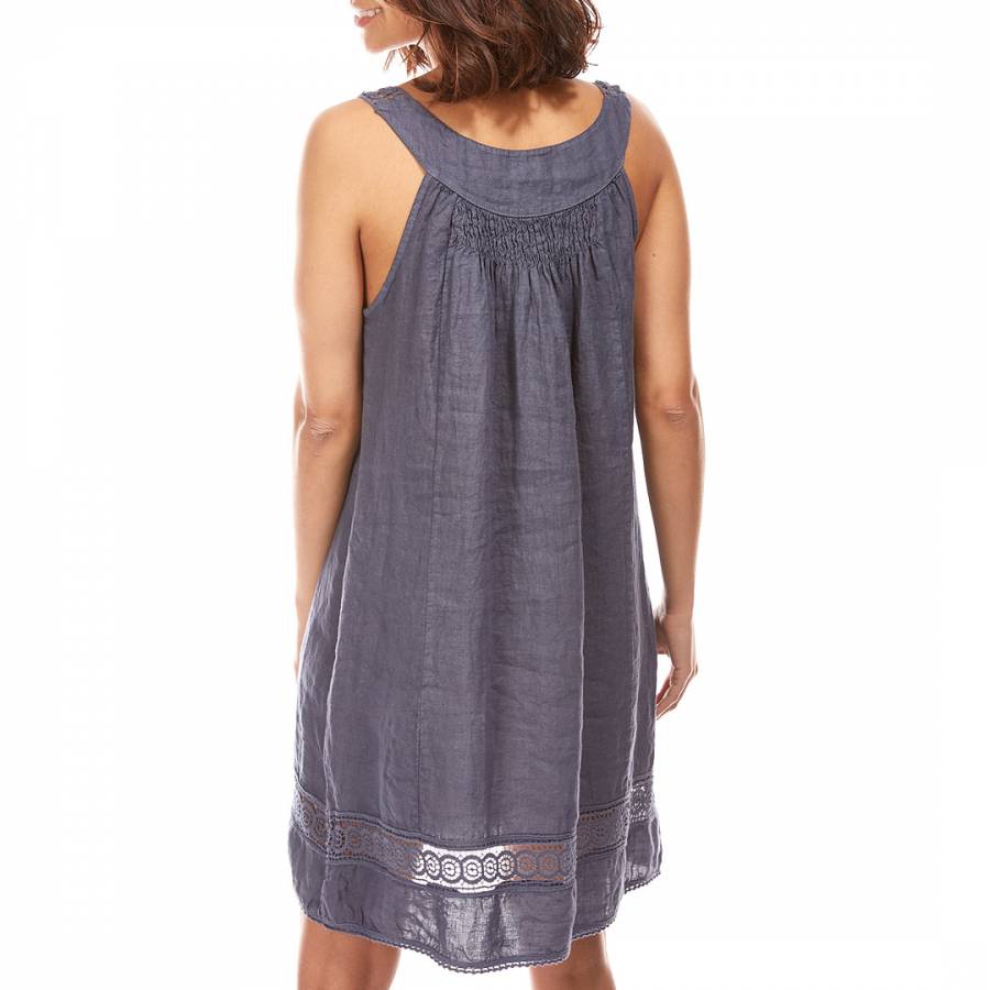 Navy Embroidered Sleeveless Linen Dress - BrandAlley