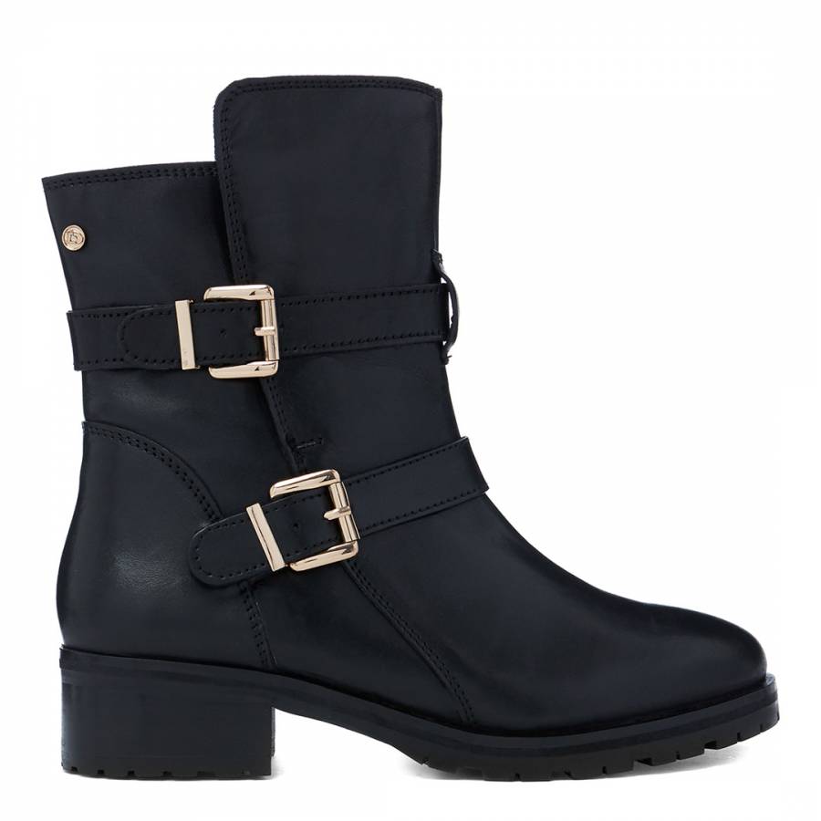 dune risky black leather buckle ankle boot