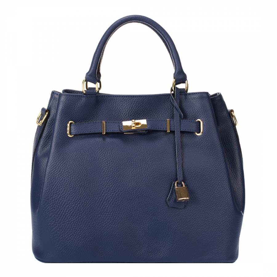 Navy Blue Keyring Detail Leather Top Handle Bag - BrandAlley