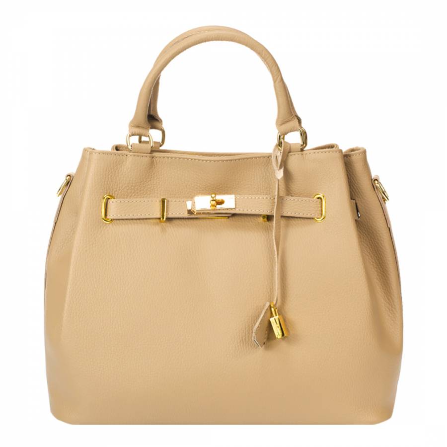 Taupe Keyring Detail Leather Top Handle Bag - BrandAlley